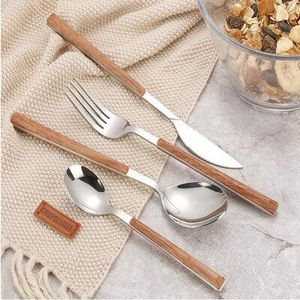 Juego de cubiertos metálicos de primera calidad con mango de madera, utensilios de acero inoxidable duraderos para uso diario. - Product Image 6