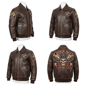 Blouson aviateur vintage en cuir véritable marron avec broderie personnalisée, style pilote, motard, rétro A2, devant en cuir et toile, unisexe - Product Image 4