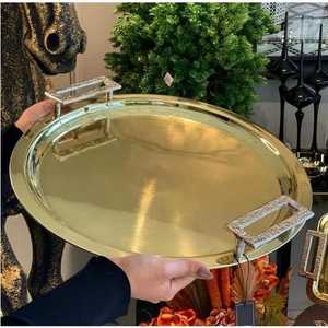 Elegant Silver Rectangular Pedestal Serving <b>Tray</b> with Gold Textured Handles Luxury Footed Dessert Platter For Wedding <b>Party</b> - Product Image 3