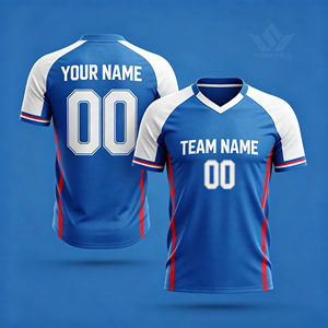 Custom Unisex Blue White Striped <b>Soccer</b> Jersey V-Neck T-Strap Short Sleeve Quick Dry Breathable 100% Polyester Front Customized - Product Image 5