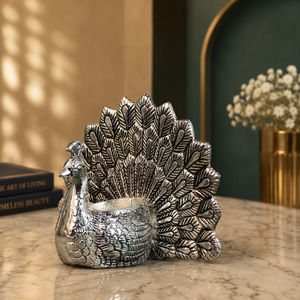 Support de bougie décoratif en métal argenté antique indien traditionnel en forme de paon pour la décoration de table Diwali Puja - Product Image 3