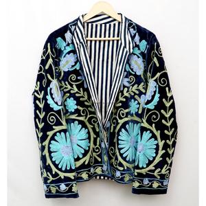Multi Floral Embroidery Pattern Velvet <b>Jacket</b> Mandarin Collar Regular <b>Sleeve</b> <b>Short</b> Length Unisex Eco-Friendly Breathable - Product Image 2