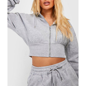 Women's Grey <b>Cropped</b> <b>Zip</b>-<b>Up</b> Hoodie Sweatshirt Full Sleeve Solid Woven Breathable Eco-Friendly Winter Front Logo - Product Image 4