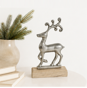 Handcrafted Silver Elegance Reindeer Sculpture Premium Aluminum <b>Christmas</b> Figurine With Natural Wooden Base For Modern Festive - Product Image 2