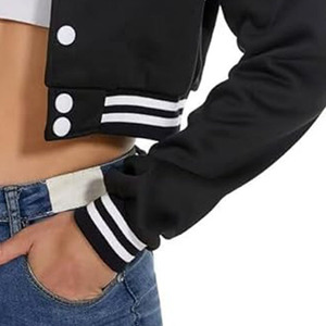 Chaquetas Varsity Cortas con Botones para Mujer, Chaqueta Universitaria Corta de Color Sólido con Parches Bordados para Damas - Product Image 3