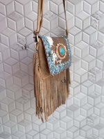 Bolso de mano de cuero vacuno occidental con flecos, bolso bandolera de color turquesa con piedras, estilo gitano bohemio occidental, bolso hecho a mano, bolsos multiusos