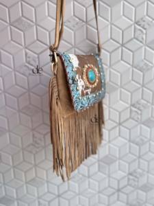Sac à main à franges en cuir de vachette Western couleur Turquoise Stone Sling Bag Gypsy Boho Western Style Handmade Bag Multi Uses Bags - Product Image 2