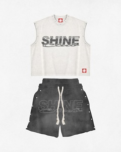 SHINE Men's Cotton Tank <b>Top</b> Set Crew Neck Sleeveless Street Style Summer Breathable Knitted Shorts With Logo Print - Product Image 3