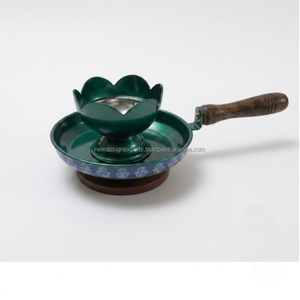 Brûleur à Bakhoor artisanal en métal vert émeraude, coupe Lotus avec poignée en bois, porte-encens, pot à encens, décoration de table, vente en gros - Product Image 5