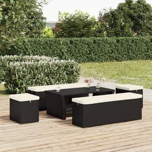 Juego de 2 otomanas de ratán PE en color blanco crema y negro con metal con recubrimiento en polvo para muebles de jardín - Product Image 1