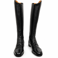 Bottes d'équitation hautes à lacets en cuir véritable à talon bas |   Chaussures d'équitation noires à bout arrondi pour l'entraînement en écurie