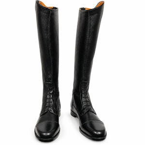 Lace Up Equestrian Tall Riding Boots Genuine Leather Low <b>Heel</b> | <b>Black</b> Horse Riding Footwear with <b>Rounded</b> <b>Toe</b> for Training Stable - Product Image 1