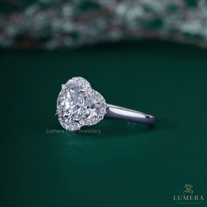 Round Brilliant Cut Lab Grown Diamond Three Stone Halo Engagement <b>Ring</b> 18K White Gold Half <b>Moon</b> Side Stones Cluster Bridal <b>Ring</b> - Product Image 6