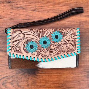 Pochette en fourrure de vachette en cuir véritable usinée à la main sculpture couleur Turquoise fleur élégante pochette pour femme multi-usages pochette de bracelet - Product Image 2