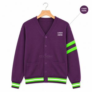 Cosh International Sisterhood Sorority <b>Purple</b> Knitted <b>Cardigan</b> V-Neck Long Sleeve Casual Top With Green White Stripes Button - Product Image 1