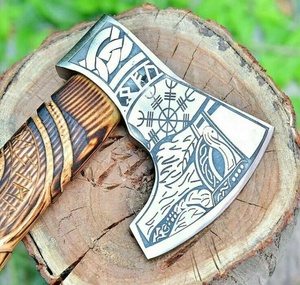 Hacha Vikinga de Acero al Carbono Hecha a Mano con Mango Tallado en Madera de Fresno. Hacha Vikinga para Camping, Caza y Supervivencia - Product Image 1