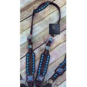Conjunto de Collarín y Riendas para Caballo Western, de Gamuza Marrón con Turquesa y Costuras Decorativas, Cuero con Conchos Cuadrados para Rodeo y Senderismo - Product Image 2