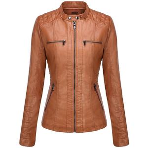 WARPRO INDUSTRY <b>Women's</b> <b>Brown</b> PU Leather Waterproof Moto <b>Jacket</b> Full Sleeve Stand Collar Zipper Closure Regular Length Solid - Product Image 1