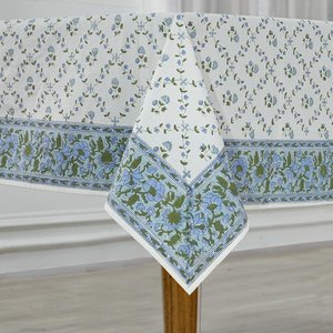 Nappe en coton imprimée à la main motif floral indien, couleur Poudre et Vert Pigeon, style français - Product Image 5