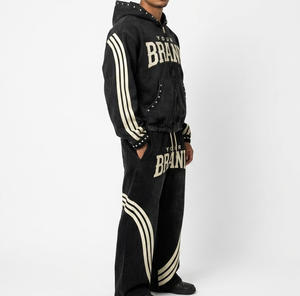 Conjunto de Sudadera con Capucha y Pantalones Acampanados Azules, Traje Deportivo de Otoño con Estampado Puff y Bordado, Conjunto Jogger de Forro Polar Transpirable - Product Image 4