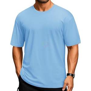 Camiseta de Hombre Azul Cian con Hombros Caídos, Oversize, Lisa, de Mezcla de Algodón, Ajuste Holgado, Fabricante de Etiquetas Personalizadas - Product Image 1