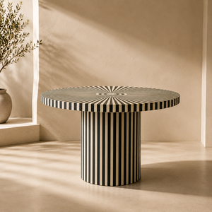 Table de salle à manger ronde en bois massif fait main avec incrustation de os de manguier, plateau en résine moderne, table centrale pour salon et décoration intérieure - Product Image 1