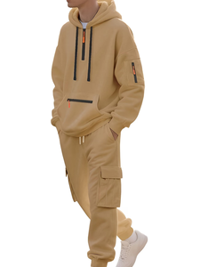 Men's Casual Sports Suit Terry Fabric 100% Cotton Breathable Knitted 300g Solid Multi Pocket Fashionable Hooded Two-Piece Set - Product Image 2