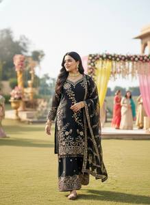 Salwar Kameez pakistaní bordado en negro y dorado con dupatta – Traje étnico de diseñador para mujer, ideal para bodas y fiestas. - Product Image 3