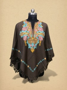Handmade Kashmir Floral Embroidered Poncho Shawl Soft Wool <b>Winter</b> Wrap for Women Traditional Kashmir Aari <b>Work</b> Wool Poncho Cap - Product Image 3