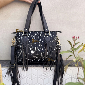 Bolso Tote de Cuero Vacuno Metálico Hecho a Mano de Alta Calidad con Correa de Hombro con Flecos, Estilo Occidental, Bolso de Cuero Genuino para Mujer - Product Image 1