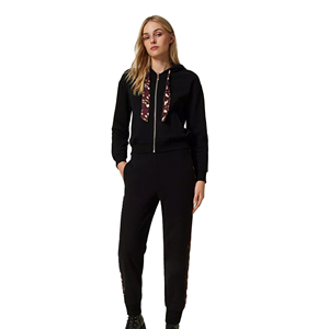 <b>Women</b> Eco-Friendly 100% Cotton Black Trim Zip Hoodie <b>Jogger</b> Pants Two Piece Tracksuit Set Casual Streetwear Outfit - Product Image 1
