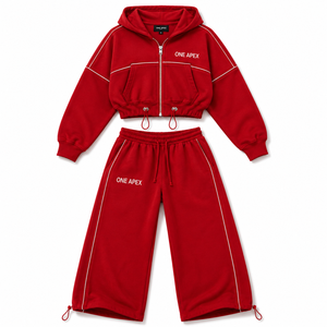 ONE APEX Red Full Zip <b>Hoodie</b> Tracksuit Women's Regular French Terry Cotton Wide Leg Sweat Set Contrast Piping Streetwear Quick - Product Image 3