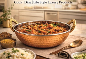 Wok de cobre martillado con asas de latón |   Olla para Servir de Acero Inoxidable para Interiores |   Servicio Tradicional Indio de Handi / Curry - Product Image 3