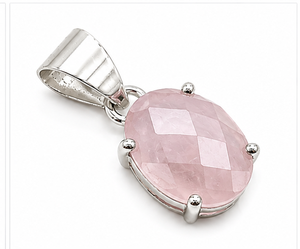 925 Sterling Silver Rose Quartz Pendant, Oval Faceted Pink Quartz Gemstone Pendant, Handmade Silver <b>Necklace</b>, - Product Image 1