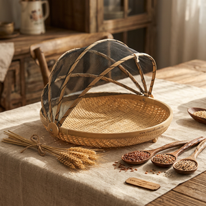 Panier de rangement alimentaire rond pliable en bambou Vinacraft avec couvercle en filet - Product Image 1