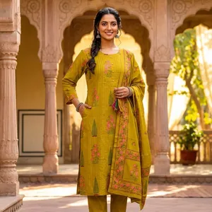 Conjunto de Kurti, Pantalón y Dupatta de Algodón Amarillo Mostaza para Mujer, Corte Recto, con Pliegues, Manga Tres Cuartos, Bordado, Ropa Tradicional - Product Image 3