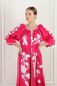 Robe longue décontractée en coton brodé pour femme, style bohème, motif floral rose, col en V, manches longues, coupe ample, taille à nouer - Product Image 3