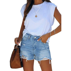 Navy Blue Distressed Denim Shorts Women High <b>Waist</b> Ripped <b>Jean</b> Shorts Summer Frayed Hem Casual Bottoms Lady Apparel Denim - Product Image 5