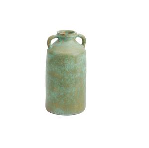 Vase Amphore Vintage en Métal Vert Vieilli - Jarre Décorative en Céramique à Deux Poignées pour Fleurs Séchées et Décoration de Ferme - Product Image 1