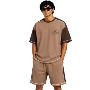 Mocha Brown <b>Mens</b> Oversized T <b>Shirt</b> And Shorts Set Dark Brown Contrast Sleeves Custom Logo Crew Neck Casual Streetwear Wholesale - Product Image 1