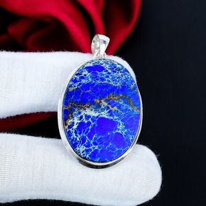 Pendentif ovale en jaspe sédiment marin bleu, en argent sterling 925, fait main, bijou bohème, vente en gros, cadeau pour femme - Product Image 1