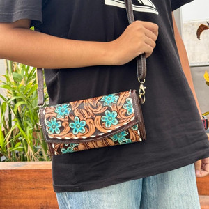 High Quality Hand Tooled Leather Women Purse Genuine Leather Crossbody <b>Turquoise</b> Floral Wallet Western Boho Floral Cowhide Bag - Product Image 3