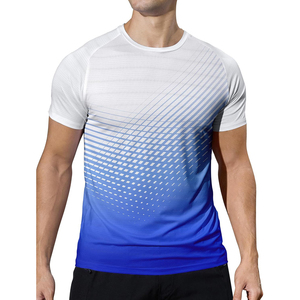 T-shirt pour homme à manches courtes, col rond, motif géométrique dégradé, tricoté, coupe ajustée, séchage rapide, style sportif, bleu et blanc, T-shirt de sport - Product Image 1