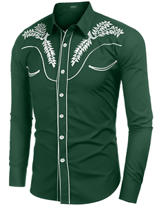 Camisa Occidental Bordada Verde para Hombre, Manga Larga, Cuello Camisero, Informal, de Popelina de Algodón, Antiarrugas, Corte Ajustado - Product Image 2