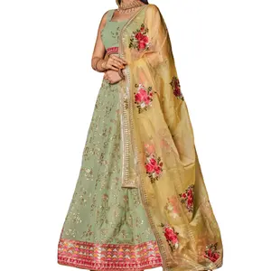 Aktuellstes Design Pista-Gelee Farbe halb-Gestickt Georgette Lehenga Choli in traditionellem Outfit Exporteur und Hersteller aus Indien