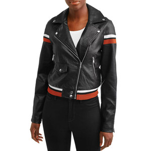 Women's Genuine Leather Moto Jacket With Contrast Stripes Full Sleeve Stand Collar <b>Zipper</b> Closure Autumn Style Cheap Selling - Product Image 1