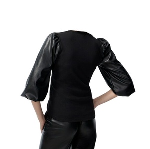 T-shirt en cuir respirant de haute qualité à prix abordable pour femme, nouveau style, manches en cuir artisanales - Product Image 2
