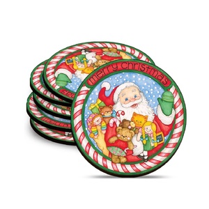 Posavasos Redondos Navideños con Diseño de Santa Claus, Tapetes Absorbentes de Goma, Borde con Rayas de Bastón de Caramelo, Juguetes - Product Image 1