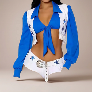 Conjunto de uniforme de porristas azul y blanco con estampado de estrellas, bolero y pantalones cortos, disfraz para mujer adulta - Product Image 3