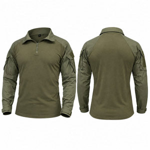 Chemise à manches longues pour homme, vert olive, col montant, séchage rapide, style vêtements de travail, coupe classique, couleur unie, tissu tissé - Product Image 1